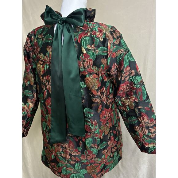 Shop the Mint Metallic Floral Holiday Top Bow Tie Neck Blouse Green Red Small - Picture 6 of 14